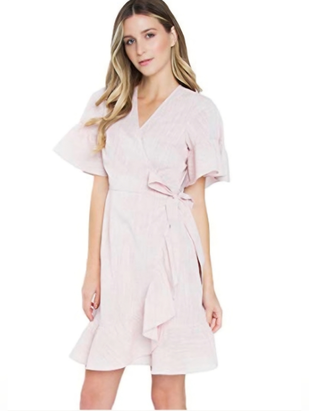 Sugarlips Marlene Cotton Wrap Dress Ruffle Hem Sleeve Whimsy Pink Coquette Bow